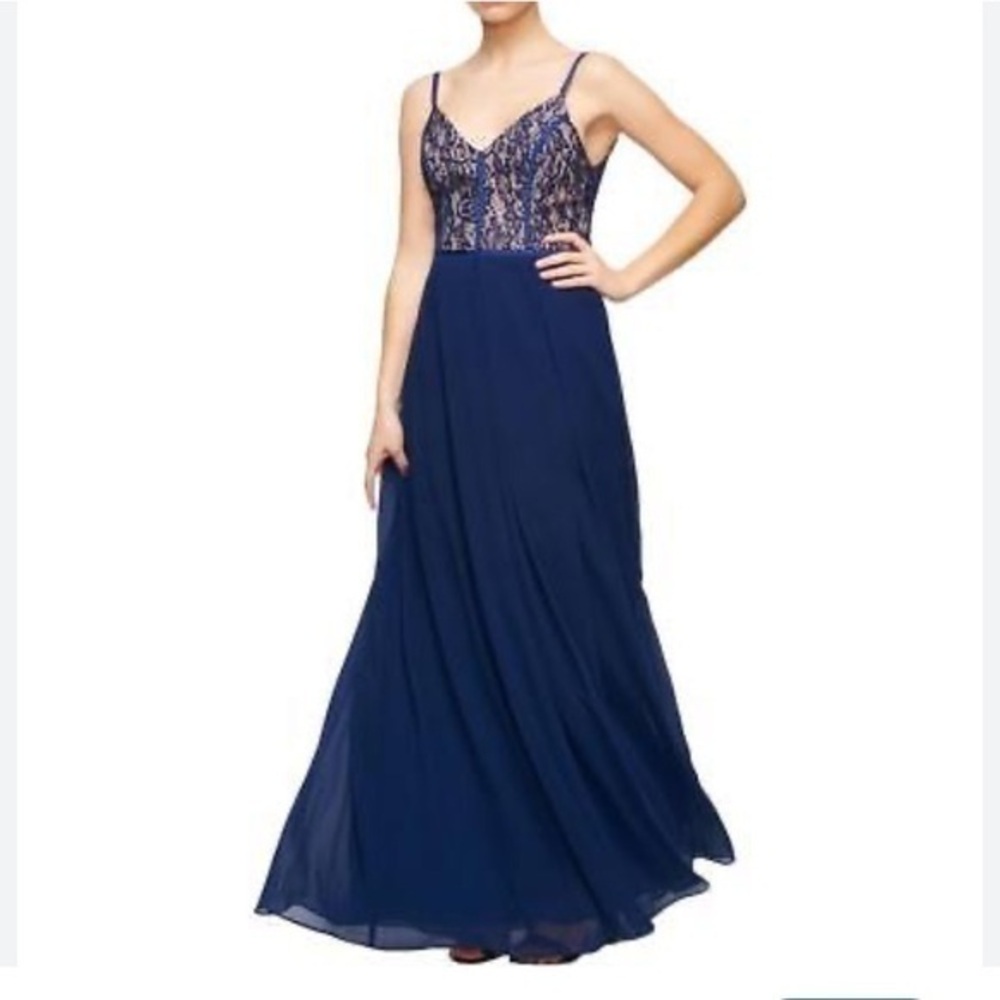 Fame and Partners Navy Grosgrain Piped Lace Bodice Evening Dress Size 8